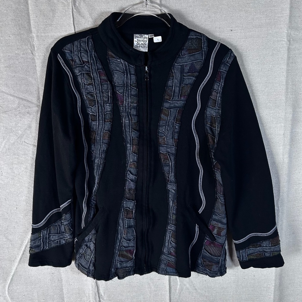 Parsley & Sage Womens‎ Artistic Mixed Media Zip Up Jacket Black Grey Patchwork M